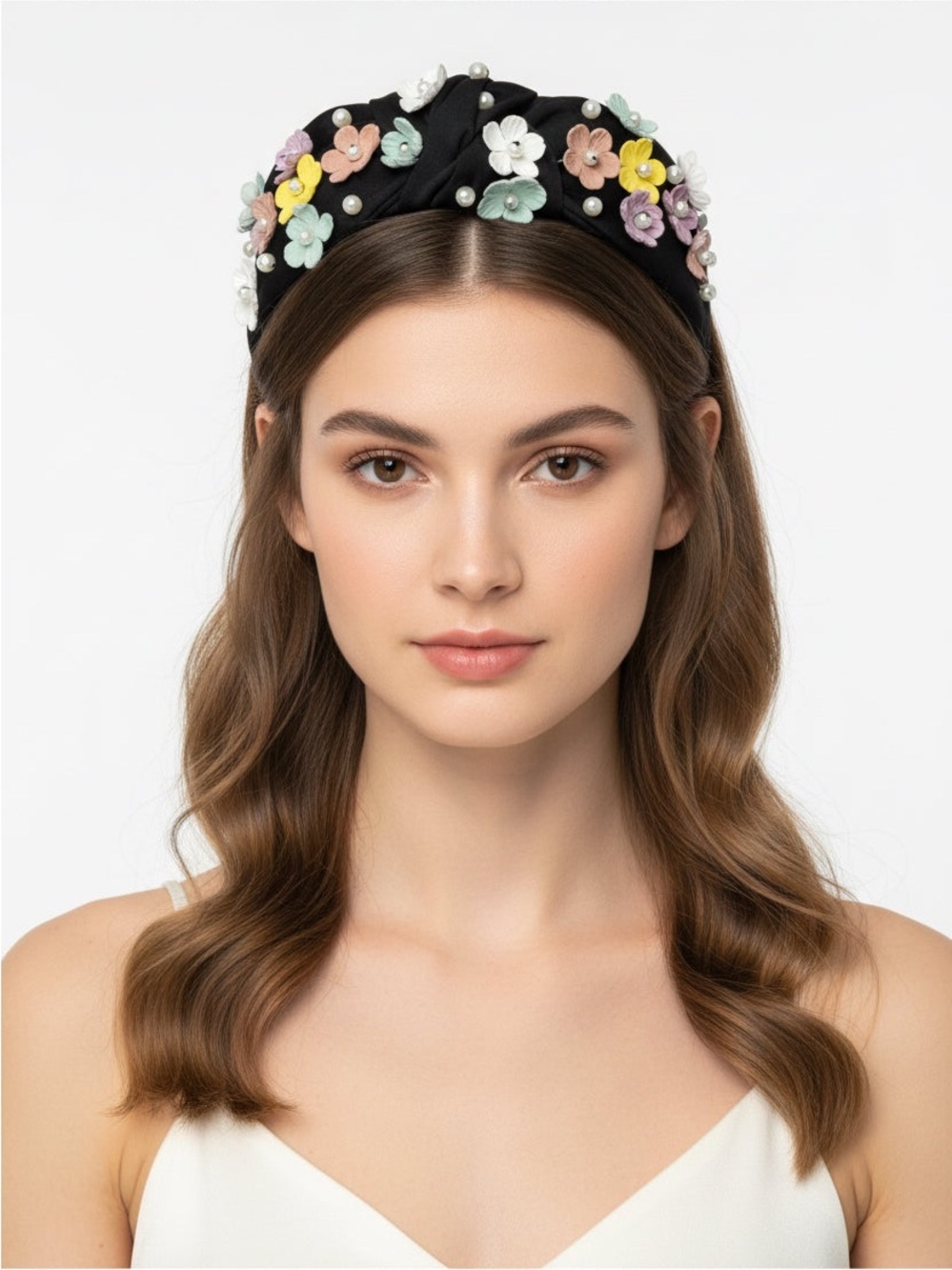 Source Unknown Black Headband with Pastel Floral Appliqués and Pearls